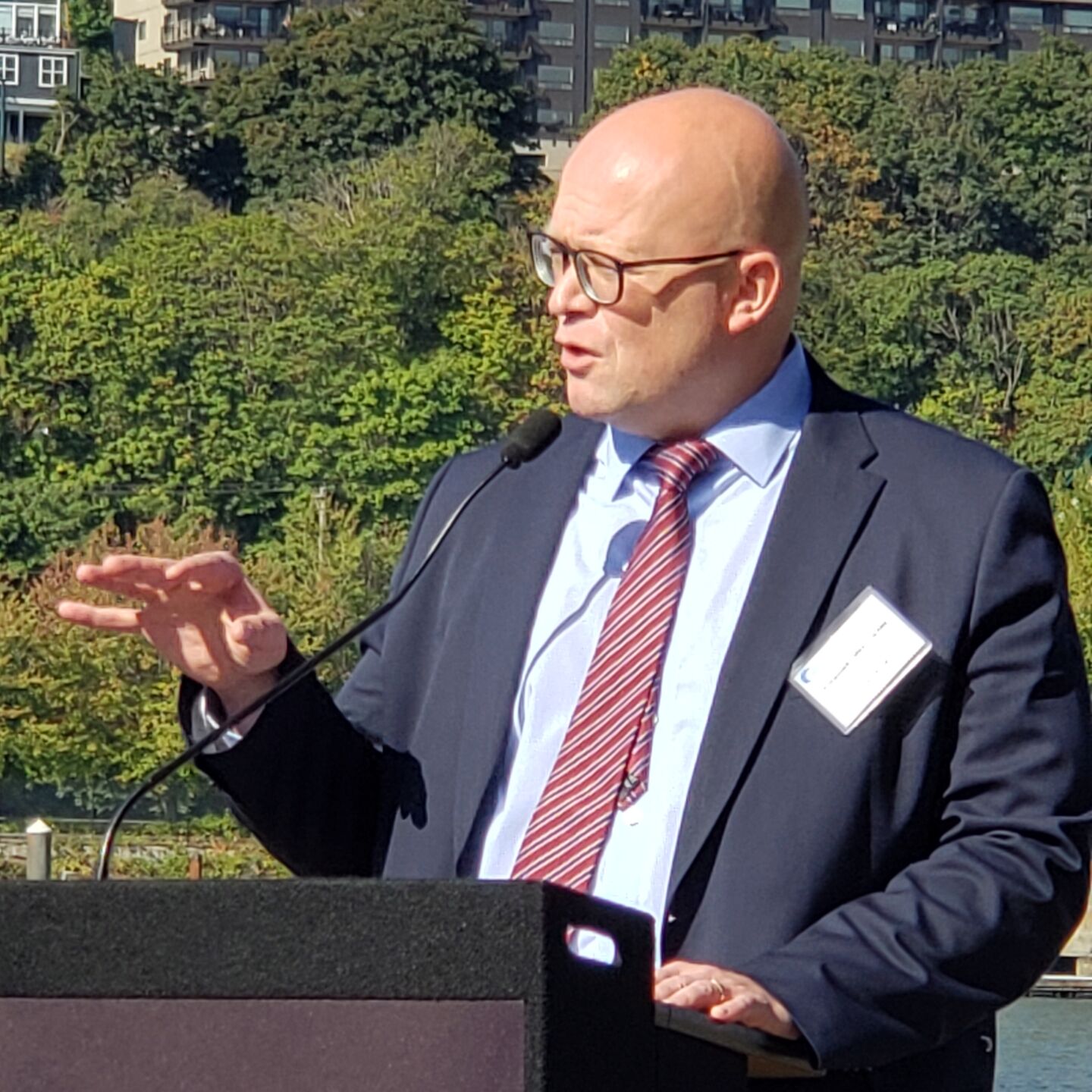 Finland’s ambassador to the U.S., Mikko Hautala, speaks to the gathering on his country’s interest in working with the state and Port of Tacoma. Photo by John Stearns.